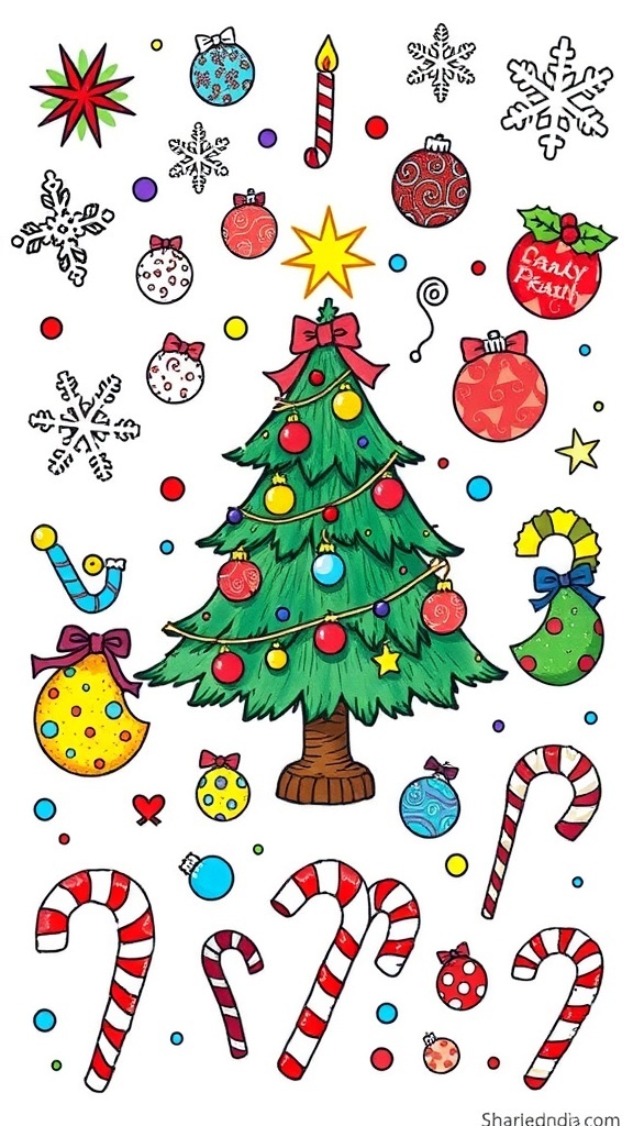 Christmas Doodles Tutorial Colorful Christmas doodles featuring a tree, snowflakes, and ornaments.